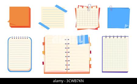 Reminders, stickers notebook clippings, stationery, planner, Notes sheet, pages. bulletin paper, lined list set, notebook office or school blank notebook for homework and exercises. . Vector illustration Stock Vector