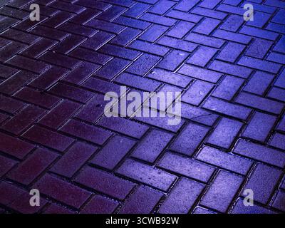Wet brick pavement showing a strong herringbone pattern, reflecting intense purple and blue neon light at night, creating an abstract and textured sur Stock Photo