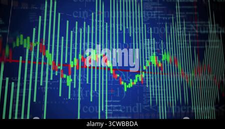 Candlestick chart displaying market trends in trading screen, with red line, code and data overlays Stock Photo