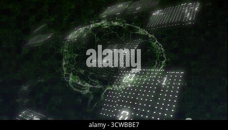 Floating 3D wireframe brain drifting among translucent panels in virtual space, with binary digits Stock Photo