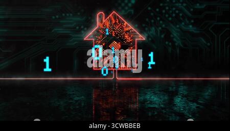 Glowing red neon house outline featuring central microchip in digital space, floating binary digits Stock Photo