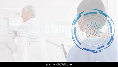 Using fingerprint scanner interface, doctors in hospital corridor with tablet stand and data lines Stock Photo