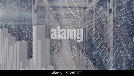 Featuring server racks in data center corridor, showing line graphs, 3D bars, currency tickers Stock Photo