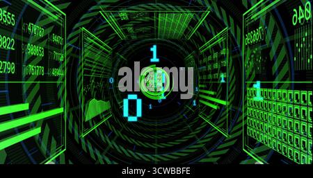 Rotating circular HUD interface displaying code in virtual data tunnel, with floating binary digits Stock Photo