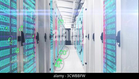 Displaying white server cabinets streaming data overlays in data center corridor with green icons Stock Photo