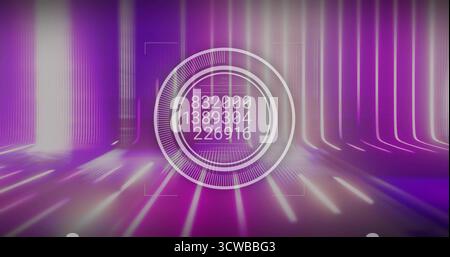Displaying holographic interface showing numeric values in virtual neon corridor, with floor strips Stock Photo