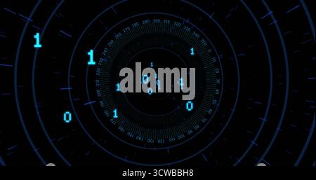Displaying circular interface rotating rings with tick marks in space with floating cyan digits Stock Photo