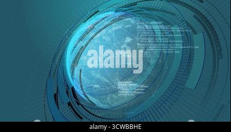 Spinning globe showing hex grid, rings, radial guides, data bars and code in virtual 3D interface Stock Photo