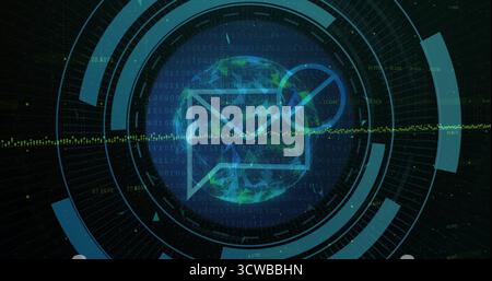 Displaying globe featuring email icon at interface with concentric rings, waveform and code streams Stock Photo
