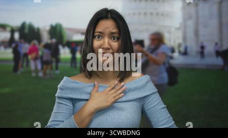 Woman posing outdoor near pisa tower with a thoughtful expression in italy with a blurred background of tourists and the iconic landmark on a sunny da Stock Photo