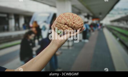 Man holding brain model at crowded outdoor train station, illustrating science concept in railway setting. Stock Photo