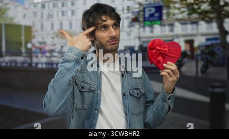 Young man holds red heart shaped gift box with finger pointing to gift on busy city street; romance. Stock Photo