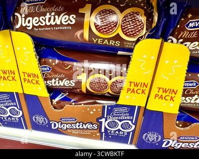 McVities chocolate digestives biscuits, twin pack for sale in a Tesco supermarket in Bury,Manchester, England Stock Photo