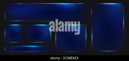 Neon blue glass frames with geometric shape glare on dark background, Collection of futuristic hud light blue frame powder size dust, Vector Stock Vector