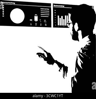 Man Interacting with Digital Dashboards - Business Analytics & Technology Stock Vector
