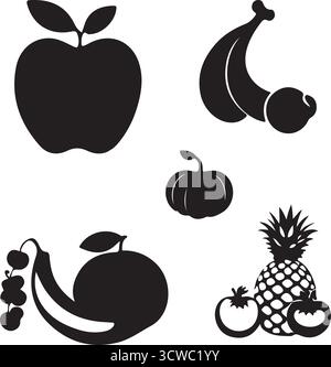 Assorted Fruit Silhouettes - Apple, Banana, Pumpkin, Pineapple & More Stock Vector