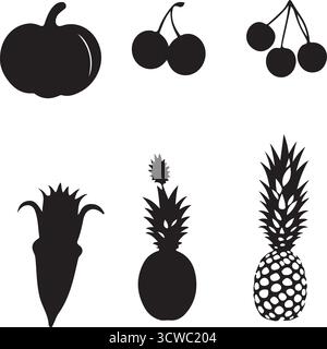 Black Silhouettes of Fruits - Pumpkin, Cherries, and Pineapples Stock Vector