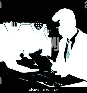 Businessman Interacting with Digital Data and Tablet - High Contrast Stock Vector