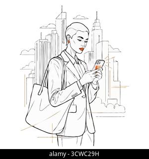 Professional Woman Texting in City - Modern Urban Communication Sketch Stock Vector