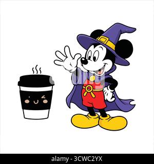 Mickey Mouse as a Wizard Waving with a Cute Kawaii Coffee Cup Stock Vector