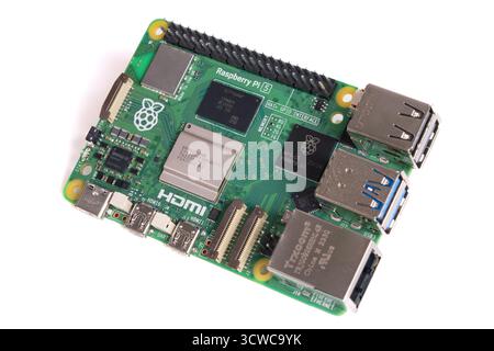 Istanbul, Turkey - 16 November, 2023: Raspberry Pi 5 isolated on isolated white background. Single-board computer - SBC. Computer built Stock Photo
