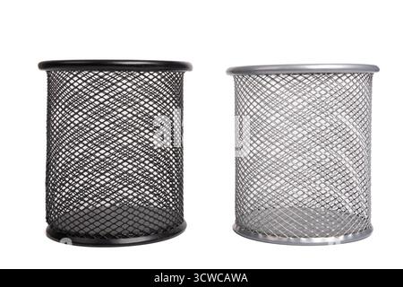 Black pen in grey metal vase pen holder isolated on white background. Empty basket paper, waste bin. Cup for pens Stock Photo