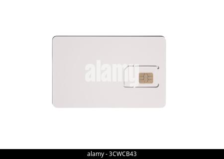 White SIM card isolated on white background. Plastic SIM card for mobile phone, close up Stock Photo