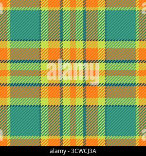 Colorful tartan pattern with orange, yellow, and teal hues. Classic plaid design perfect for backgrounds, textiles, or festivethemed designs. Versatil Stock Vector