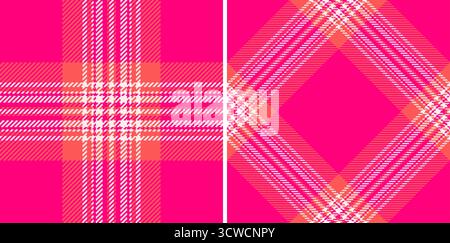 Vibrant plaid pattern featuring a hot pink backdrop accented with orange and white stripes. Creates a bold, eyecatching design. Ideal for fashion, tex Stock Vector