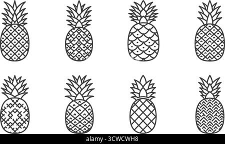 Pineapple outline icons, showcasing various shapes and styles of this tropical and delicious fruit Stock Vector