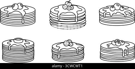 Stack of pancakes with berries and syrup in a simple black and line art style Stock Vector