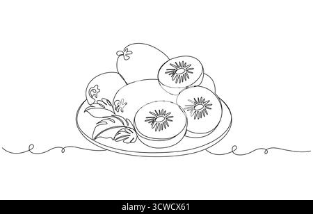 one line art Kiwi vector illustration. line art, one continuous line, simple,kiwi fruits continuous line art drawing,Kiwi Fruit Line Drawing Stock Vector