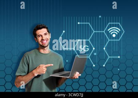 Full 3d art pop image collage of happy freelancer businessman hold laptop wifi connection 5g speed network cyberspace wlan Stock Photo