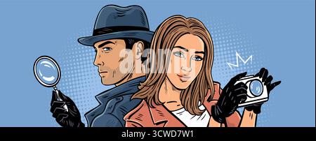 Vector illustration of two detectives back to back. A woman with a camera and a man holding a magnifying glass. Pop art hand drawn outline with halfto Stock Vector