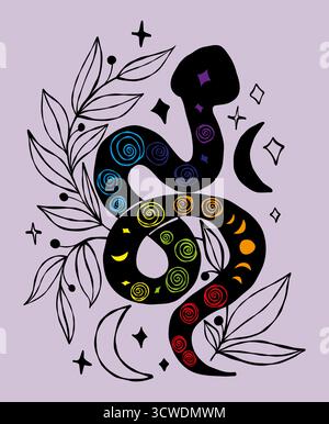 Mystical Snake Kundalini with colorful chakra, Celestial Moon, Sun and ...