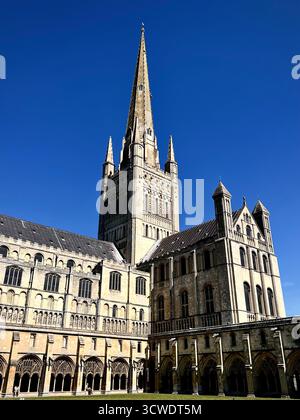 Norwich Cathedral, UK, photographed on a sunny spring day with a blue sky. Stock Photo