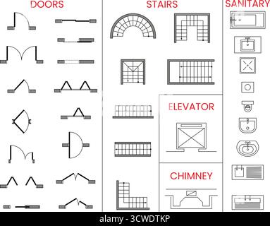 Architectural icon set, doors, sanitary, stairs, elevator, chimney, customizable stroke, vector, illustration Stock Vector