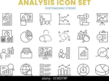 Analysis icon set, infographic, analytics, research, balance, charts, report, accounting, banking, customizable stroke, vector, illustration Stock Vector
