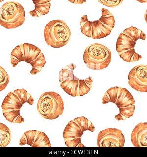 Seamless pattern featuring watercolor croissants and sweet swirl buns scattered on white background. Design for French bakery branding, cafe textile, Stock Photo