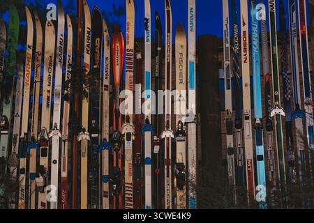 Creative Garden Fence Made from Old Skis Stock Photo