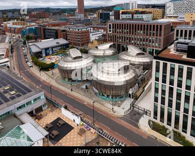SHEFFIELD, UK - OCTOBER 7, 2025. Aerial view of Sheffield Hallam University and the distinctive Student's Union buildings known as The Hubs on campus Stock Photo