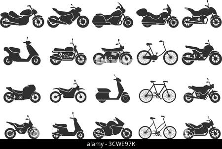 Black motorcycle bicycle icons. City vehicle silhouettes, motorbikes stickers for interior design. Isolated delivery, motocross, travel transport, sap Stock Vector