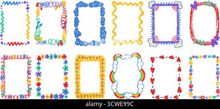 Children draw frames. Sketch scribble empty frame for photos, diploma, certificate. Simple doodle design with clouds, rainbow, neoteric vector set ori Stock Vector