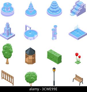 Isometric garden elements. Outdoor design architecture 3d objects. Fountains with water, bush, hedge and wooden fence, bench. Urban nifty vector set o Stock Vector
