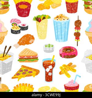 Fast food seamless pattern. Crayon drawing pizza burger popcorn sushi sandwich. Children drawn style print template for fabric, neoteric vector backgr Stock Vector