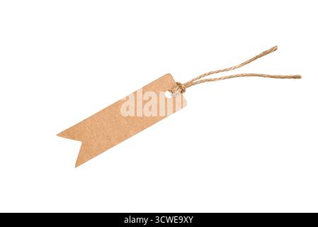 Blank kraft paper tag with twine string isolated on white background. Stock Photo