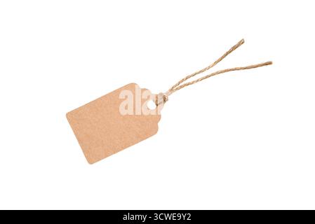 Blank kraft paper tag with string isolated on white. Perfect for adding text, logos or price tags in rustic, eco, handmade or vintage style. Stock Photo