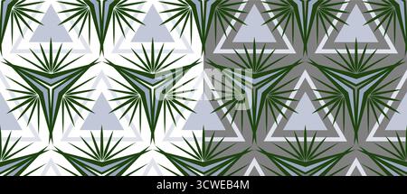 Green ornamental geometric fantasy seamless pattern set. Artistic background from stars and triangles. Unusual geometric star mandala. Triangle orname Stock Vector