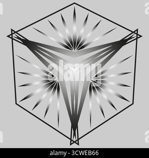 Black gradient ornamental geometric fantasy element. Unusual glowing star on gray background. Elegant geometric mandala. Melting rays in hexagon. Roun Stock Vector