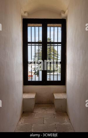 A pine tree as seen through the barred window, typical to 1600s architecture in Andalusia, Spain. Stock Photo